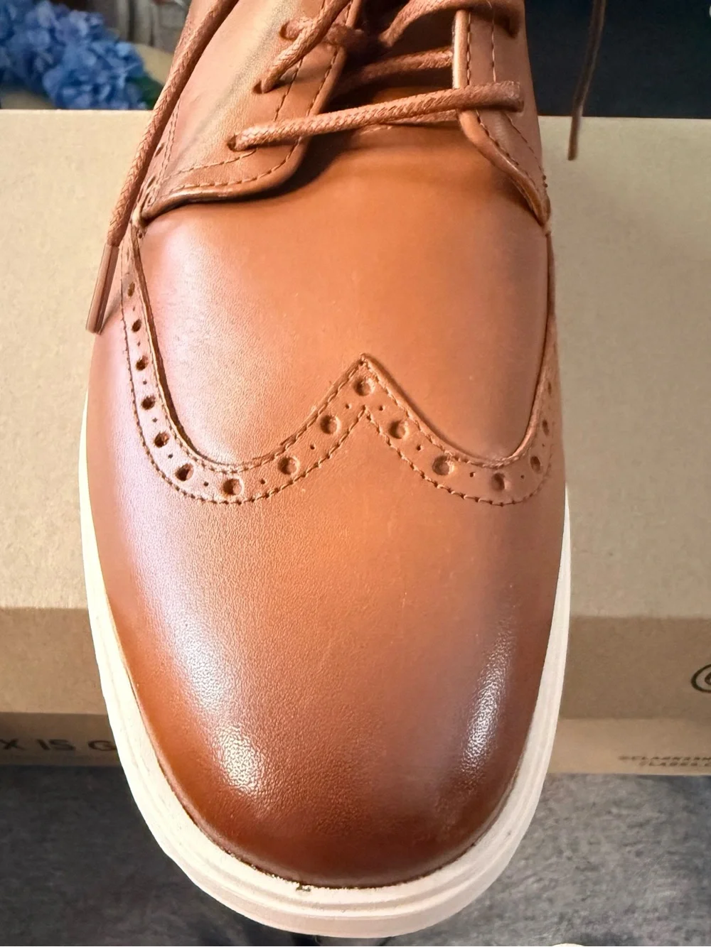 Cole Haan Tan Leather Wingtip Derbys with White Soles